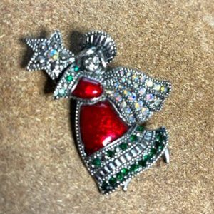 VTG Silvertone Rhinestone Red Enamel Christmas Angel w/Star Brooch Pin 2"
